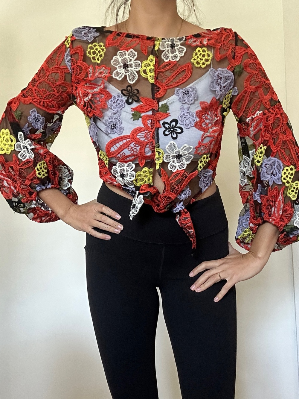 Monaco Floral Lace Tie-Front Crop Top in Multicolor
